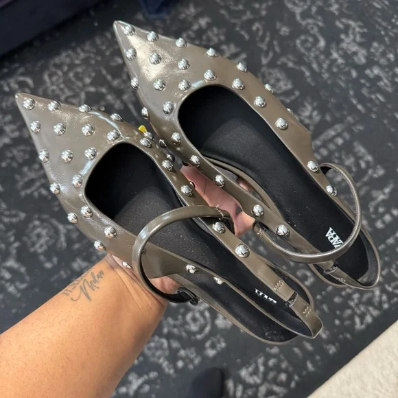 Zara Studded Gray Women's Flat Slingbacks - Picture 3 of 8